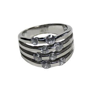 Inox Women's Polished Stainless Steel Stacked Rows Ring with CZ Accents